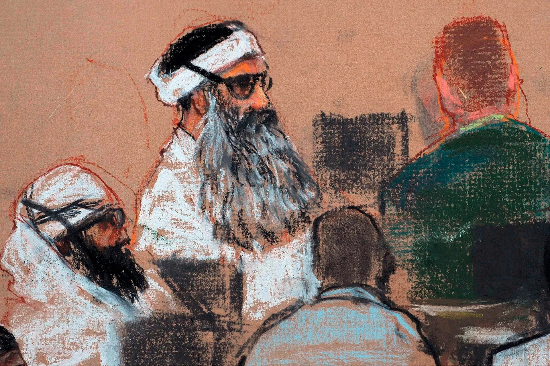 Mahkeme çizimi, Guantanamo Körfezi'ndeki bir ön duruşmada Halid Şeyh Muhammed ile birlikte yargılanan Velid bin Attaş'ı gösteriyor. 8 Aralık 2008