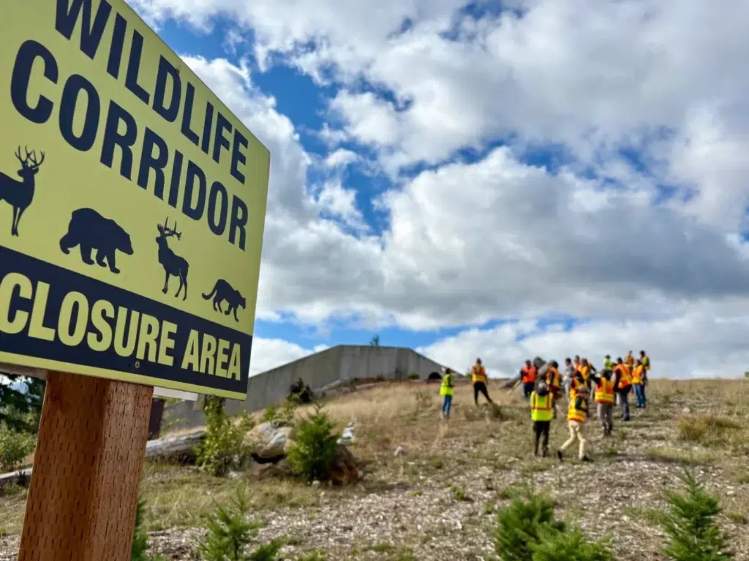 Yellow sign reading "WILDLIFE CORRIDOR CLOSURE AREA" with silhouettes of a deer, bear, and other animals, posted along a gravel area where a group of people in yellow and orange safety vests stand near a concrete structure.