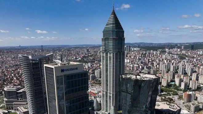 İstanbul Finans Merkezi'ndeki gökdelenler, öndeki Halkbank binası.