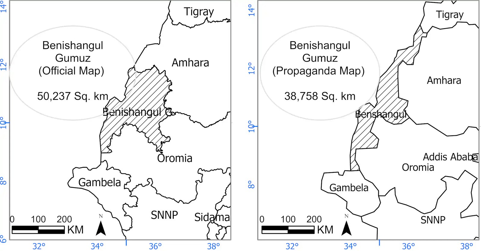 Two black and white maps side by side, a region shaded in that is different in the two maps