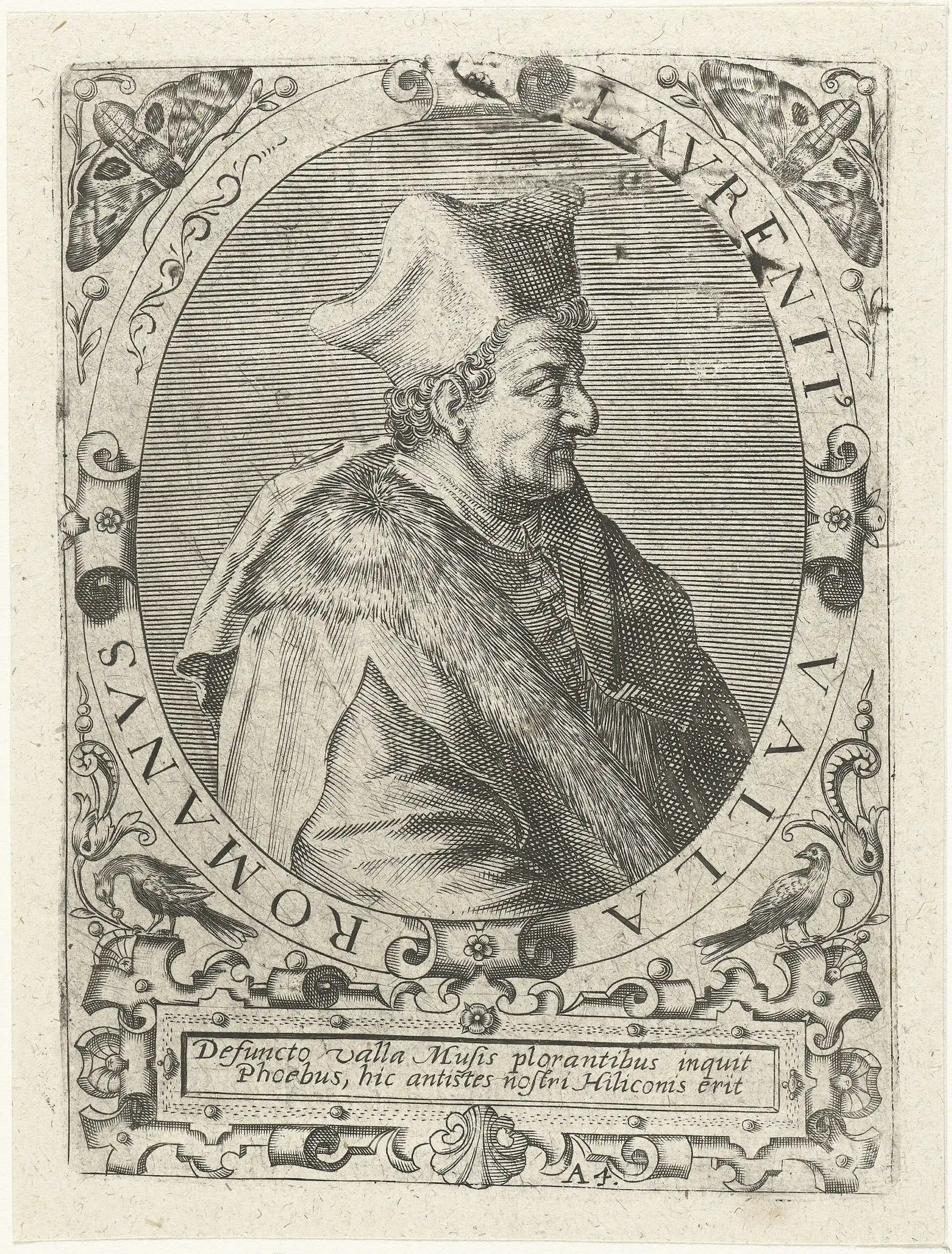 A black-and-white drawing of a man in heavy robes and a tall hat.