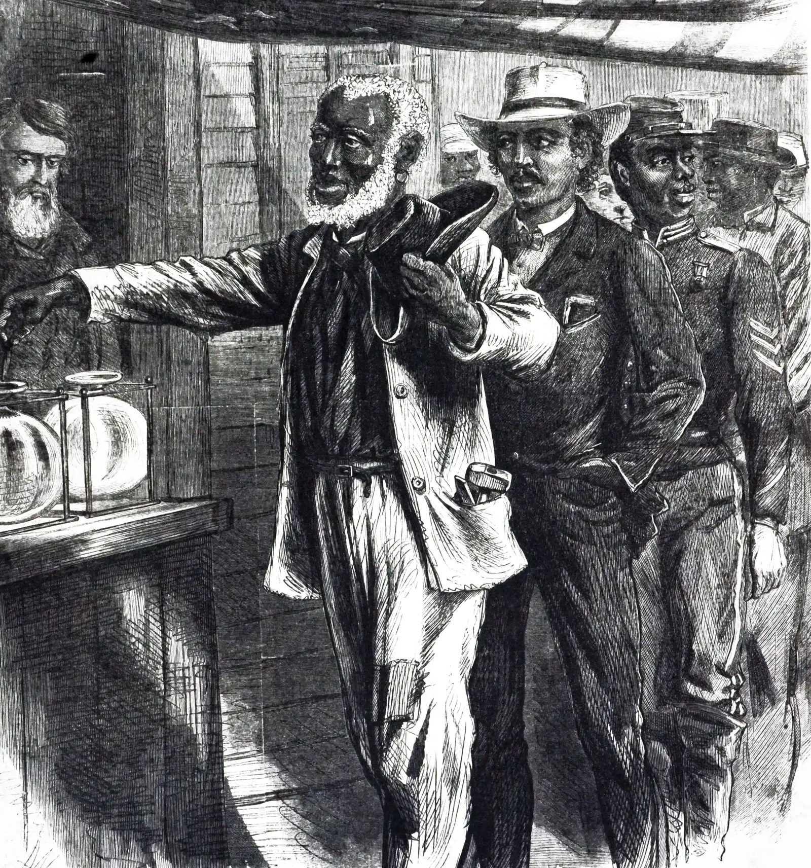 engraving of Black men in line to vote at a polling place in 1867