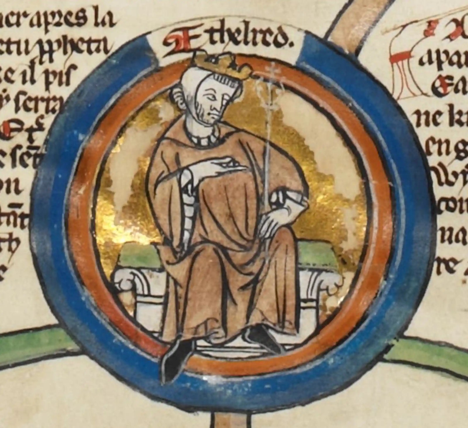 King Ethelred is depicted in a seated position.