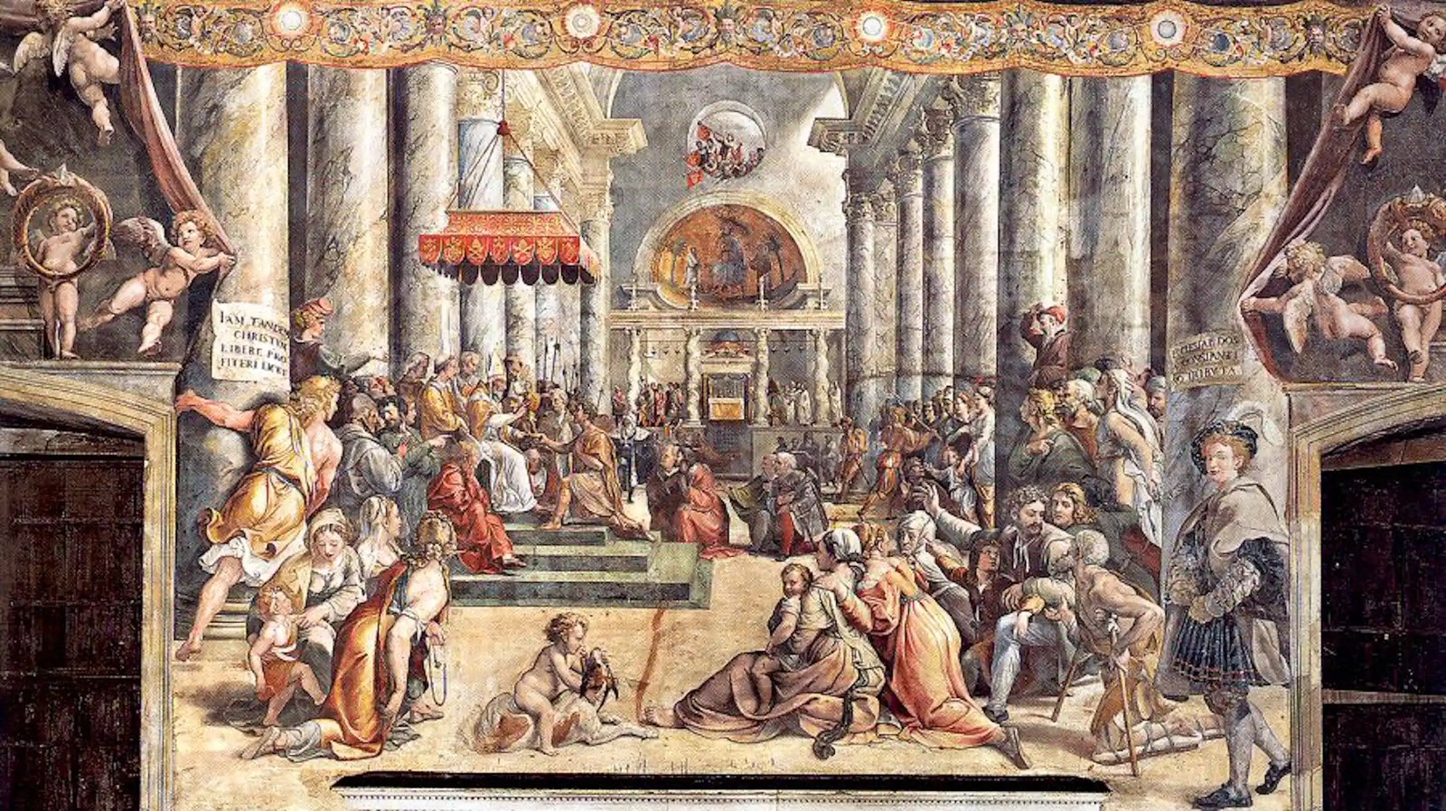 A painting shows dozens of men, women and children gathered around people standing on an ornate throne under a canopy.