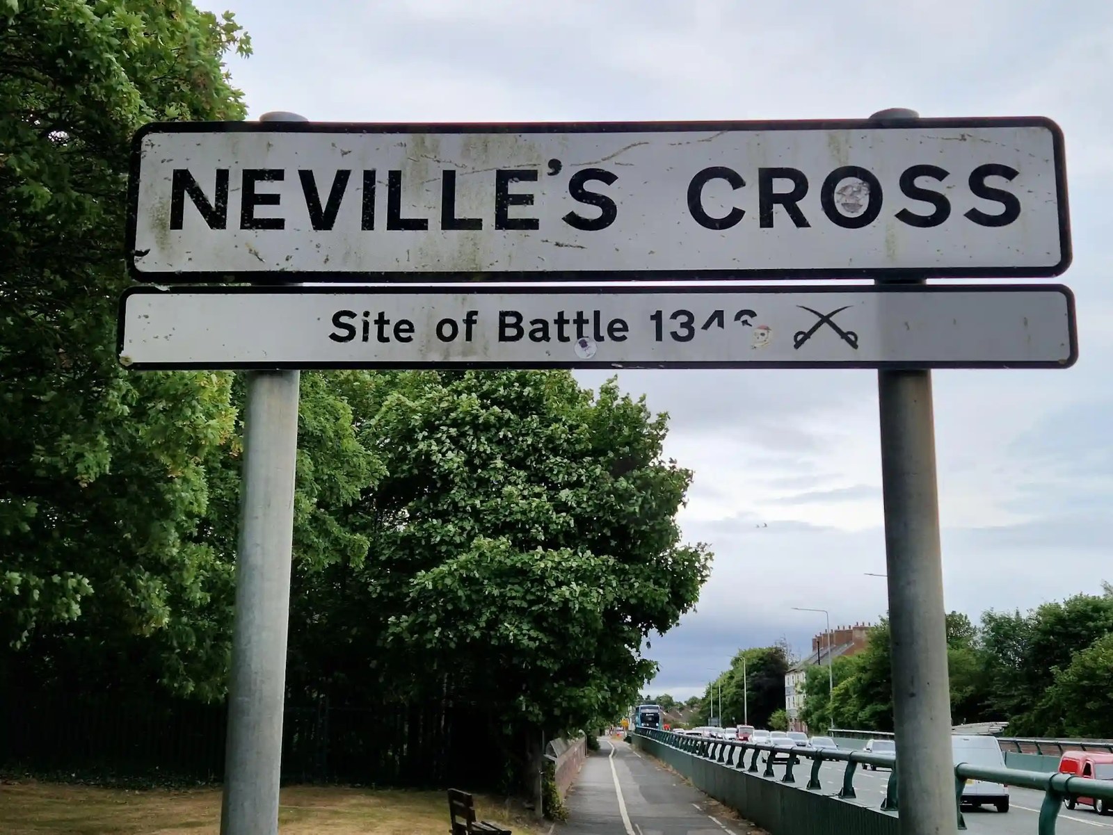 A street sign showing the historical significance of Neville’s Cross on the A167.