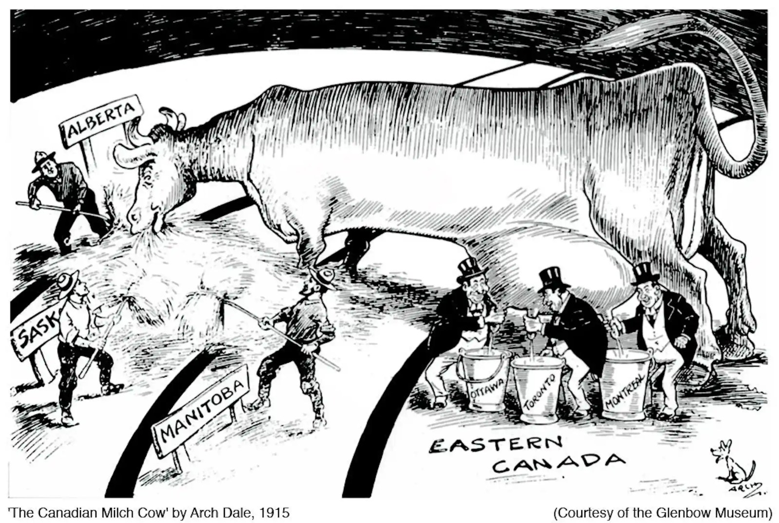 A black and white cartoon of a cow being milked across a map of Canada.