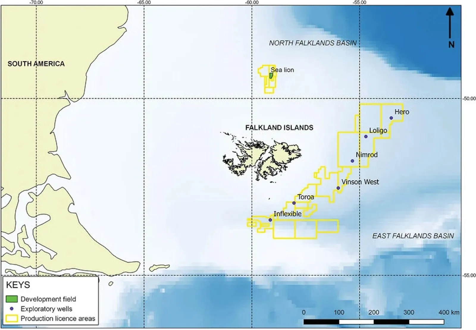 Map showing exploratory oil field (Sea Lion) in North Falklands Basin and exploratory oil wells in East Falklands Basin. Pensoft/Researchgate, CC BY-ND