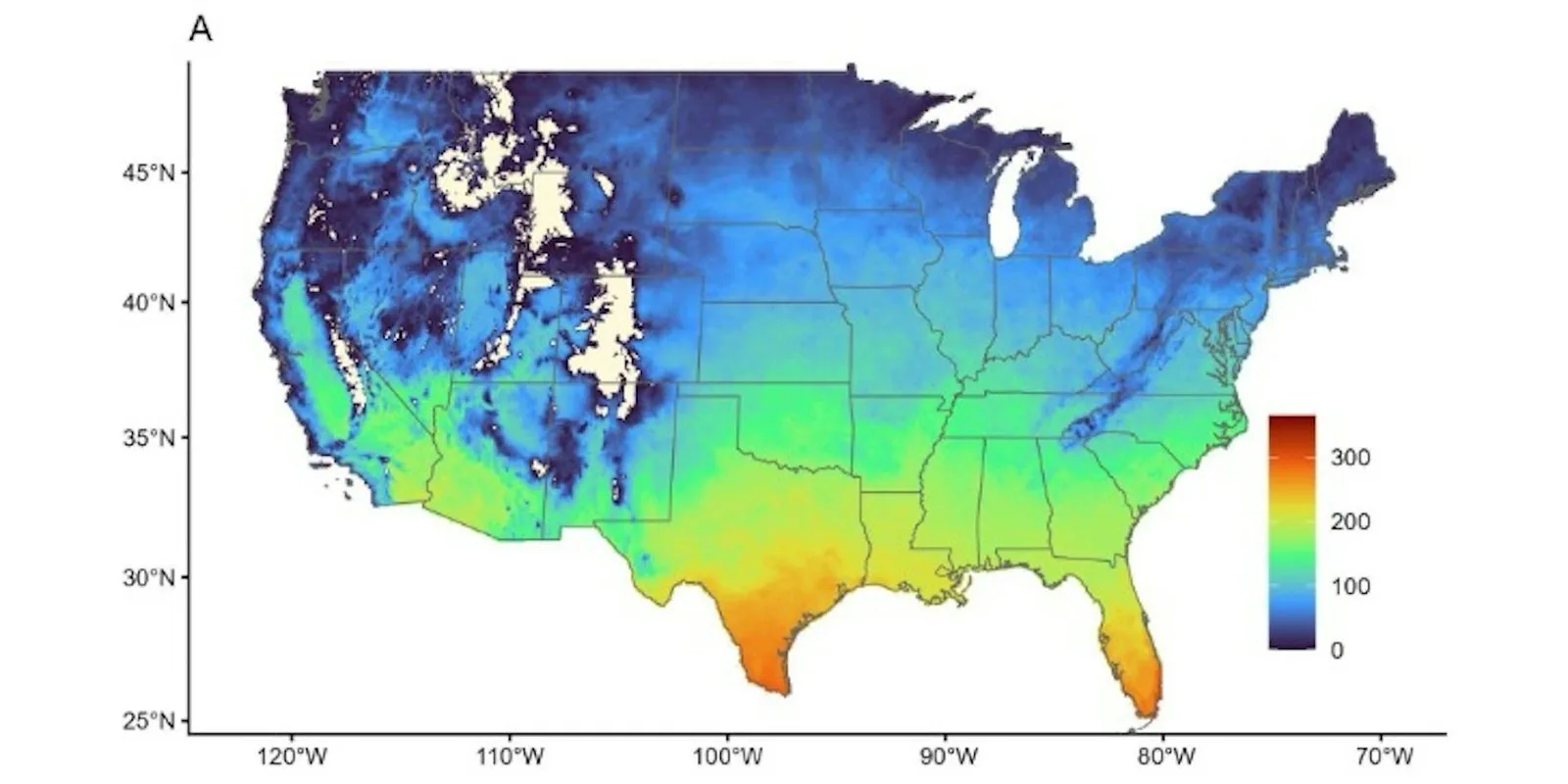 Temperatures are becoming more conducive to disease-spreading mosquitoes. The map reflects the number of days in 2025 that a location was within temperature suitability range for dengue transmission by Aedes aegypti. Sadie Ryan, using gridMET data from Climatology Lab