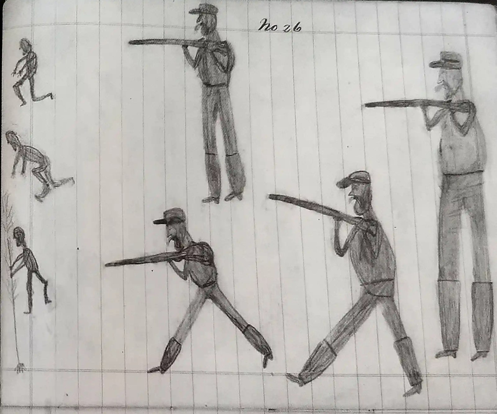 Childish drawing of men with guns chasing children