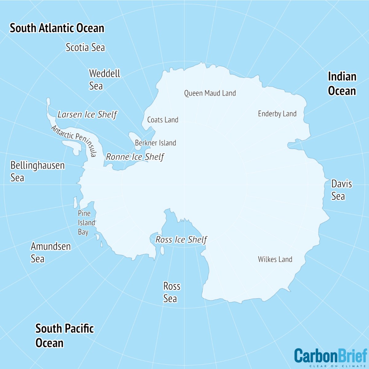 Map showing the main regions of the Antarctic.