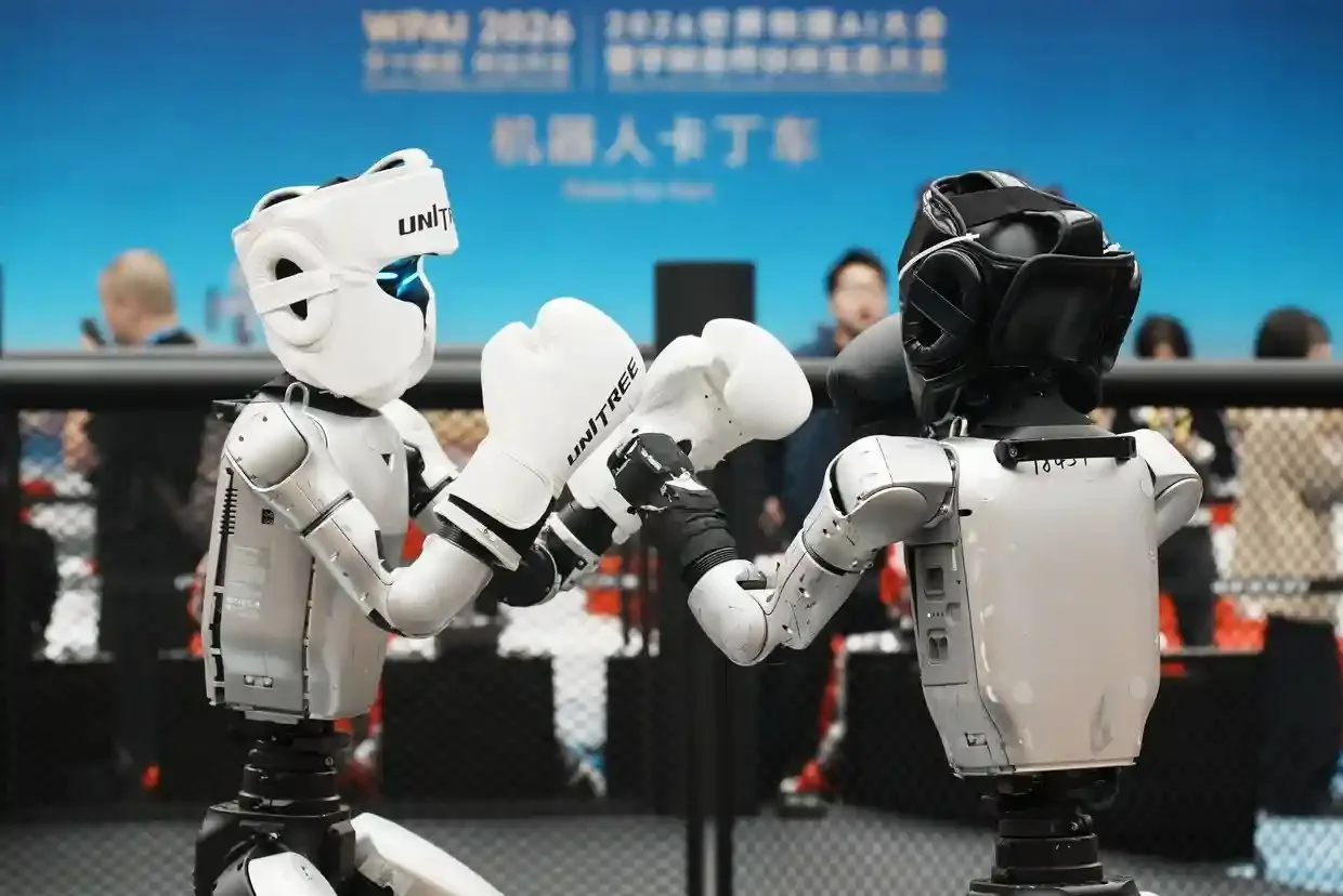 A Unitree G1 humanoid robot competes in robot combat at the 2026 World Physical AI Conference in Hangzhou in October.