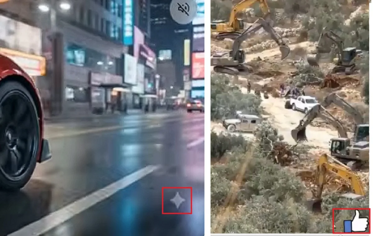 At left is an image produced by Gemini. The small diamond in the bottom right corner is Gemini’s watermark. At right is the fake video of olive trees being destroyed: the image of a thumbs up