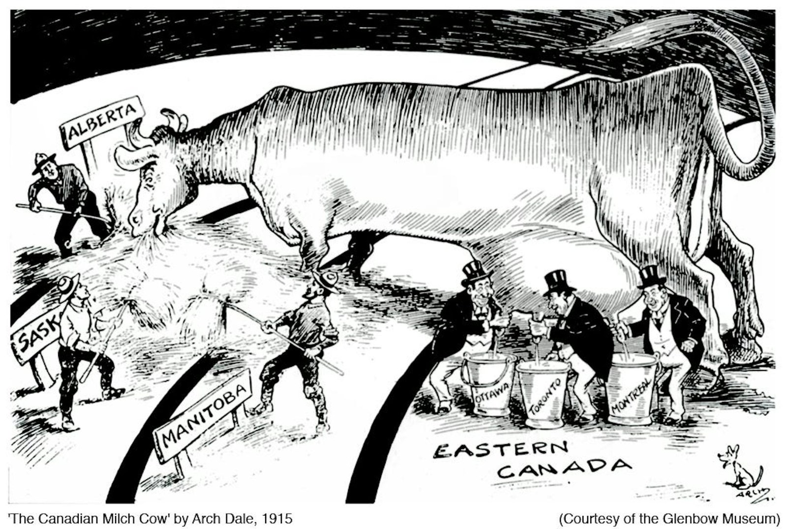 Yaklaşık 1915 yılına ait meşhur "Batı'nın Sağlanması" karikatörü. (Glenbow Museum)