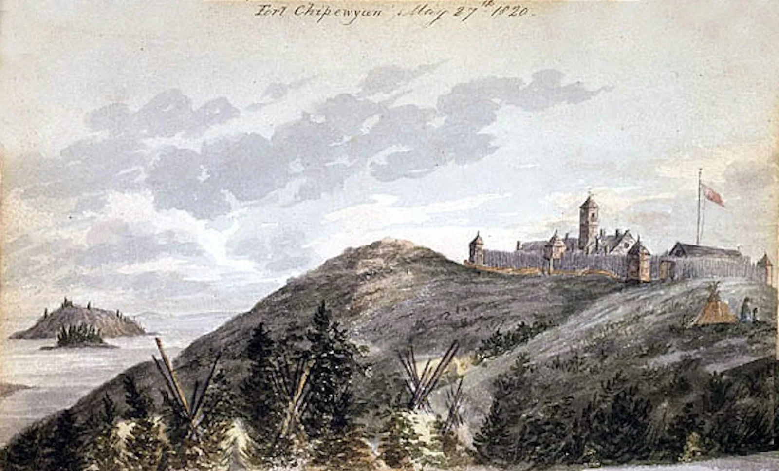 A drawing of Fort Chipewyan by the British Royal Navy officer George Black dated May 27, 1820. (George Black)
