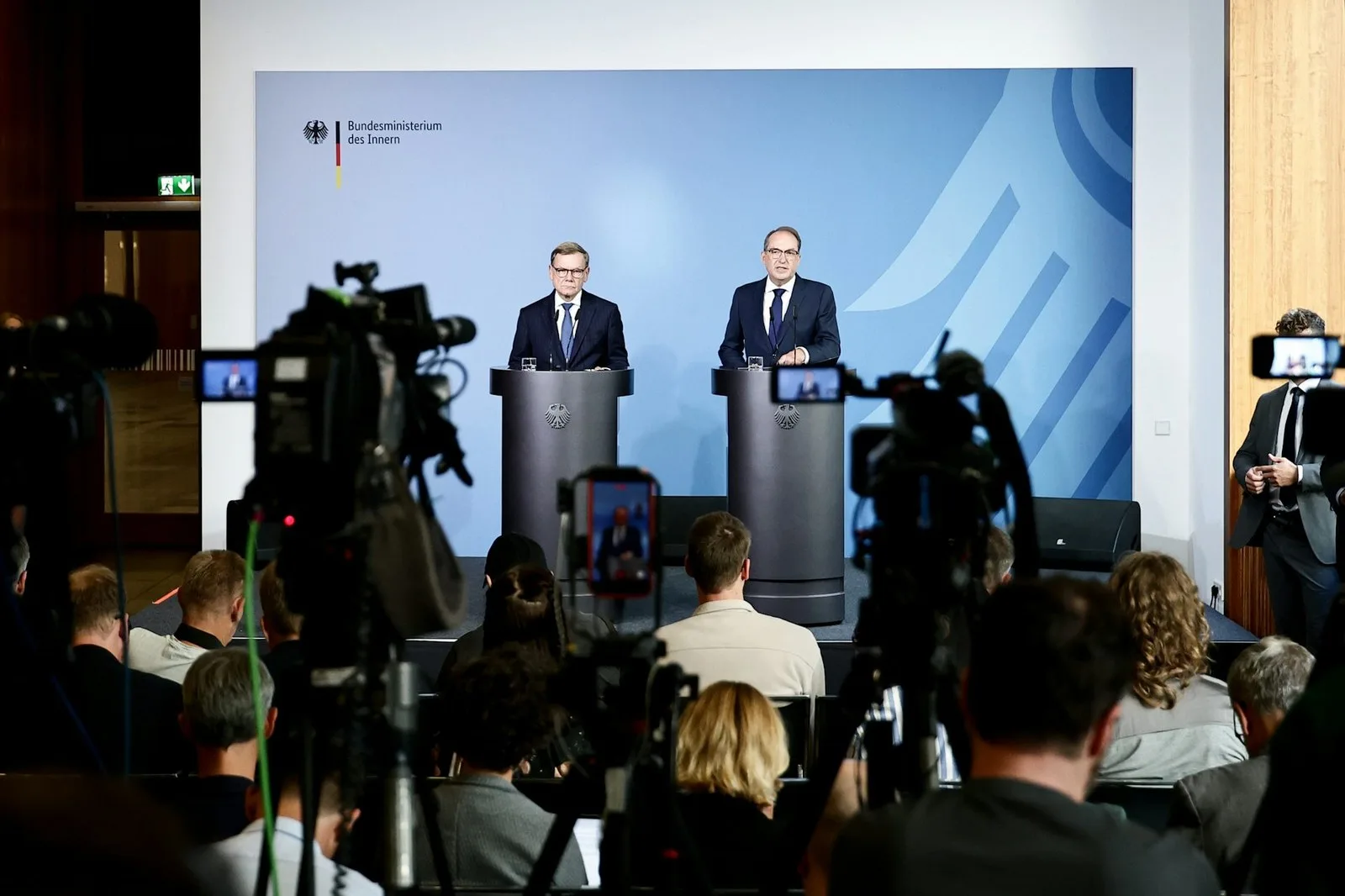 German interior minister Alexander Dobrindt (right) and foreign minister Johann Wadephul (left) attend a press conference on the drone incident at Leipzig Airport in Berlin, Germany, on September 1. Filip Singer / EPA
