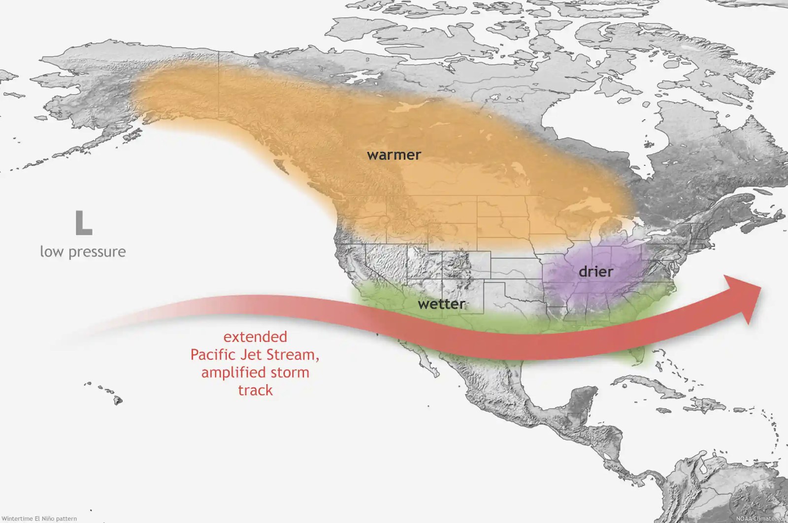 A map of the US shows rainier conditions in the South, warmth in Canada and the northern U.S., and dryness in the Midwest.