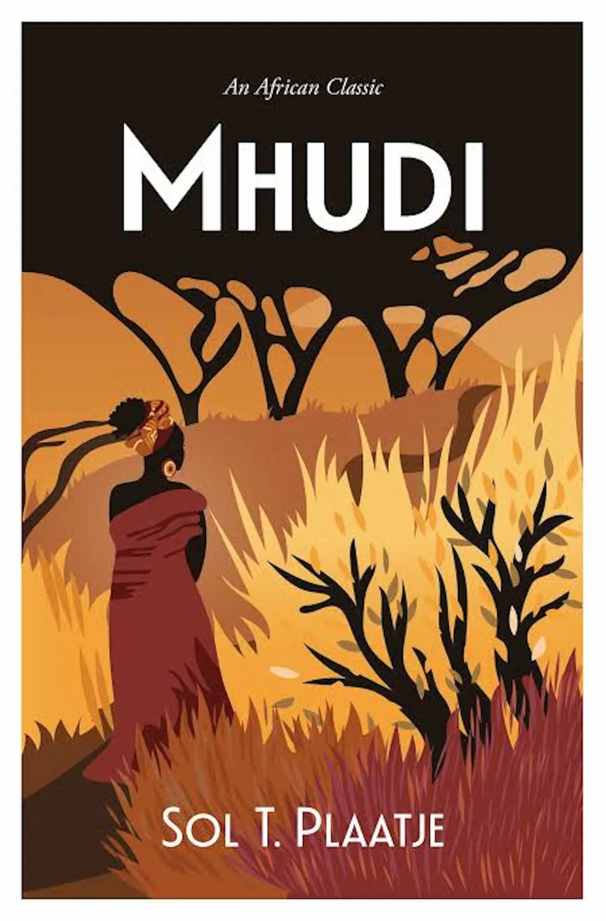 A book cover featuring an illustration of an African woman in the veld, trees that look like they could be full of leaves or on fire.