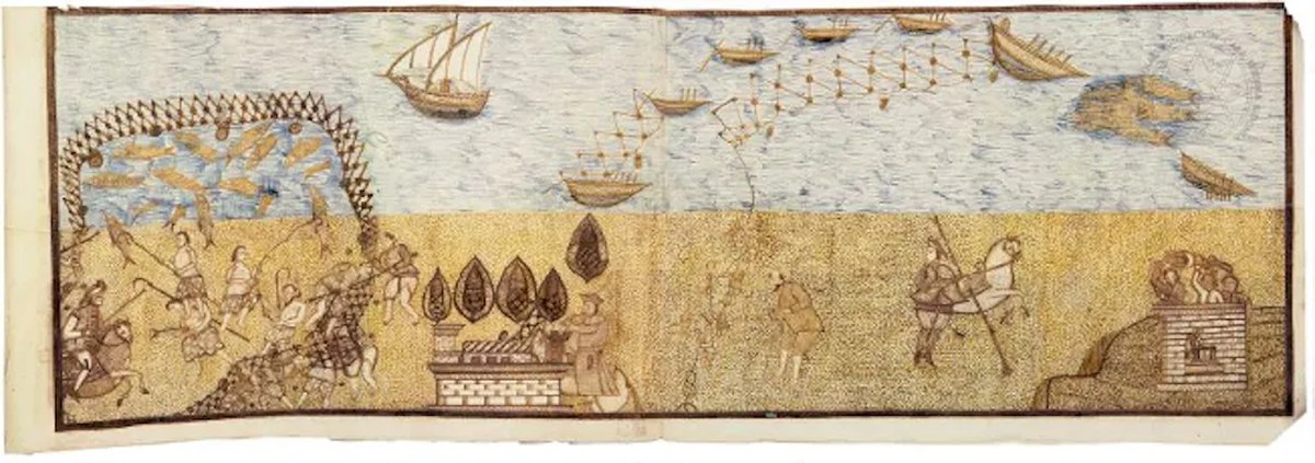 Scene with water on the top, land on the bottom, with people pulling nets that are penning in fish closer to land