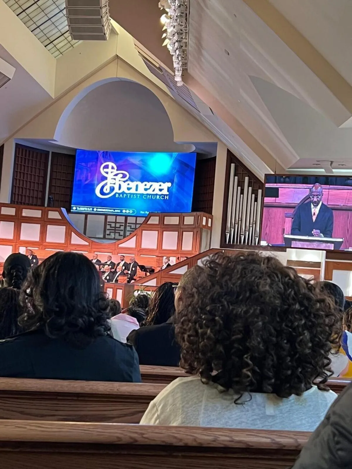 Georgia's Democratic Senator and Ebenezer senior pastor Raphael Warnock addresses the Sunday service on October 18, 2026, at the historic Atlanta church