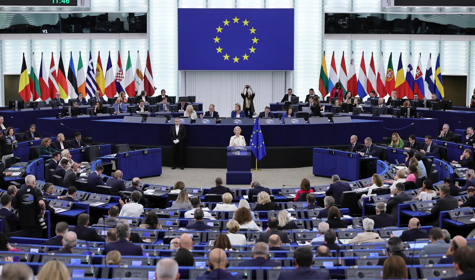 Ursula von der Leyen speaks during a debate at the European Parliament in Strasbourg.