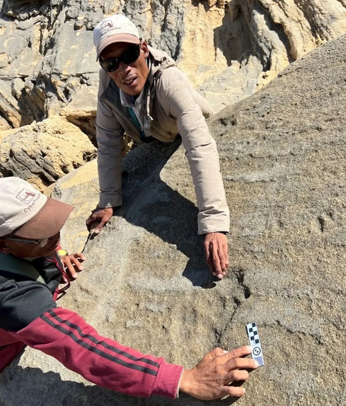 Man pointing to indentations in rock