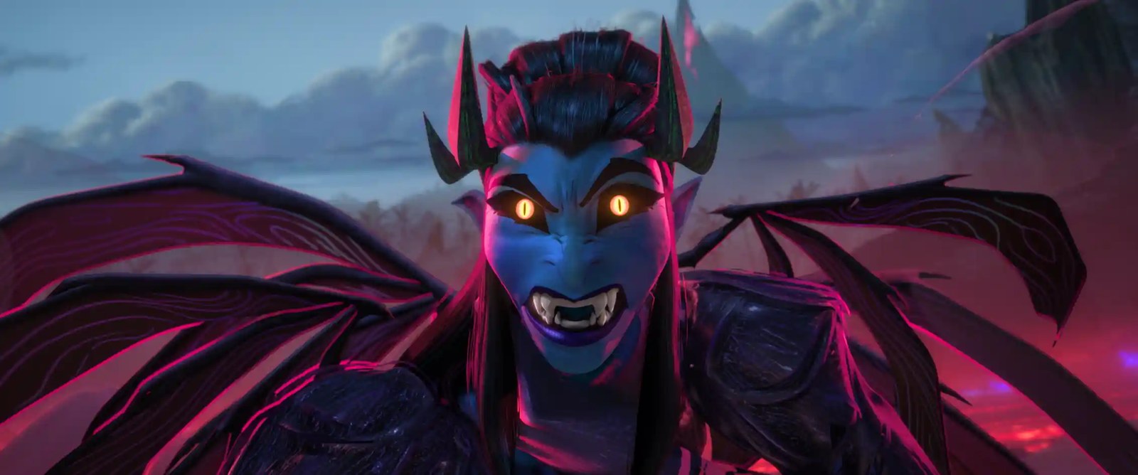 Animation still showing a close up of a winged demon with glowing yellow eyes.
