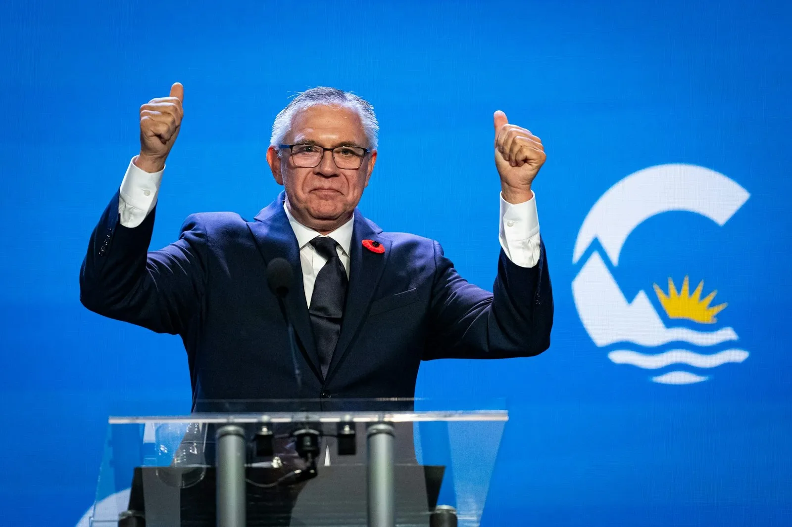 Lorne Doerkson celebrates on stage during provincial election night in Vancouver on Oct. 24, 2026. THE CANADIAN PRESS/Ethan Cairns