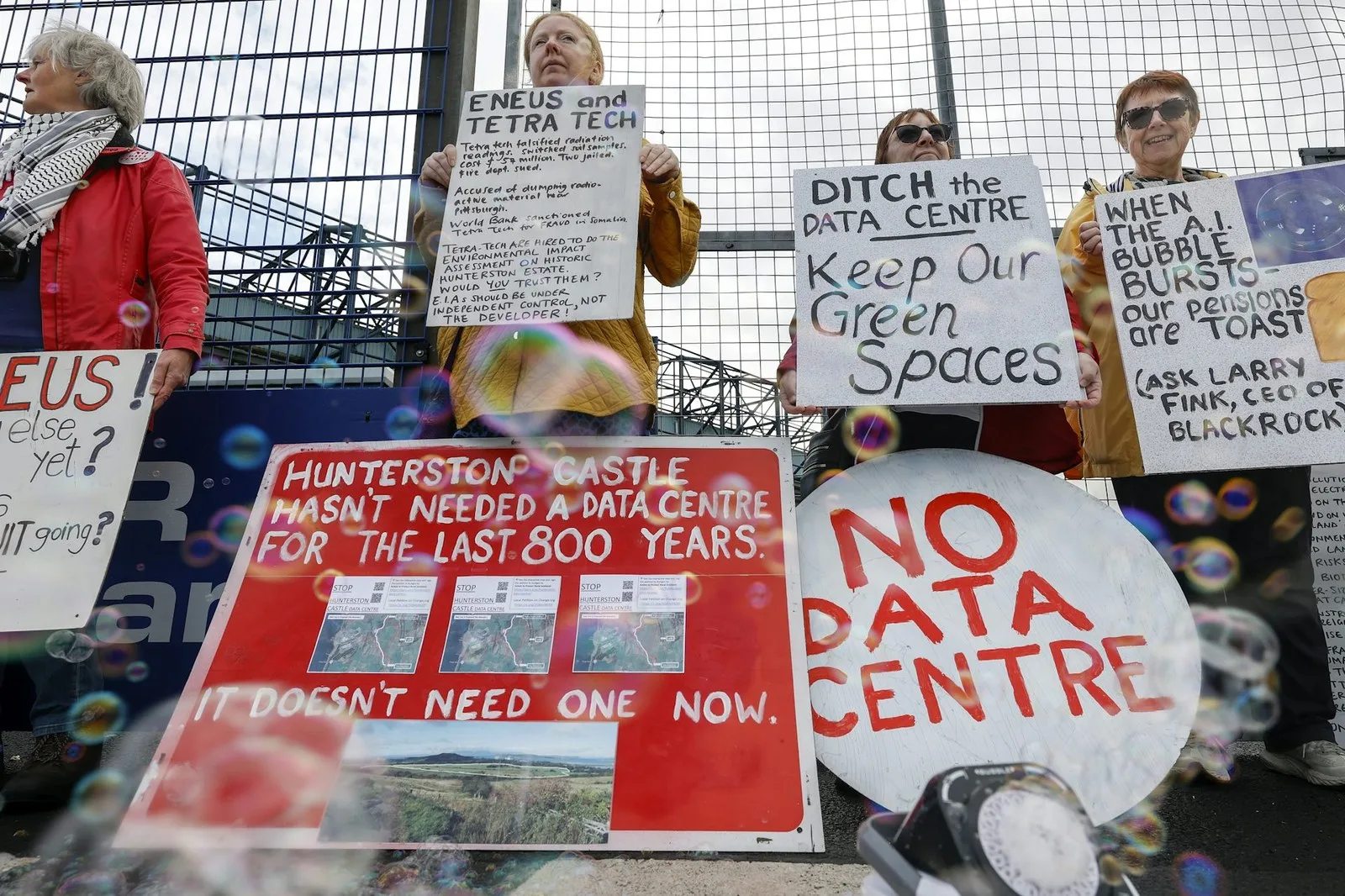 Community campaigners demonstrating against a planned data centre in Kilmarnock, Scotland. Jeff J Mitchell/Getty Images