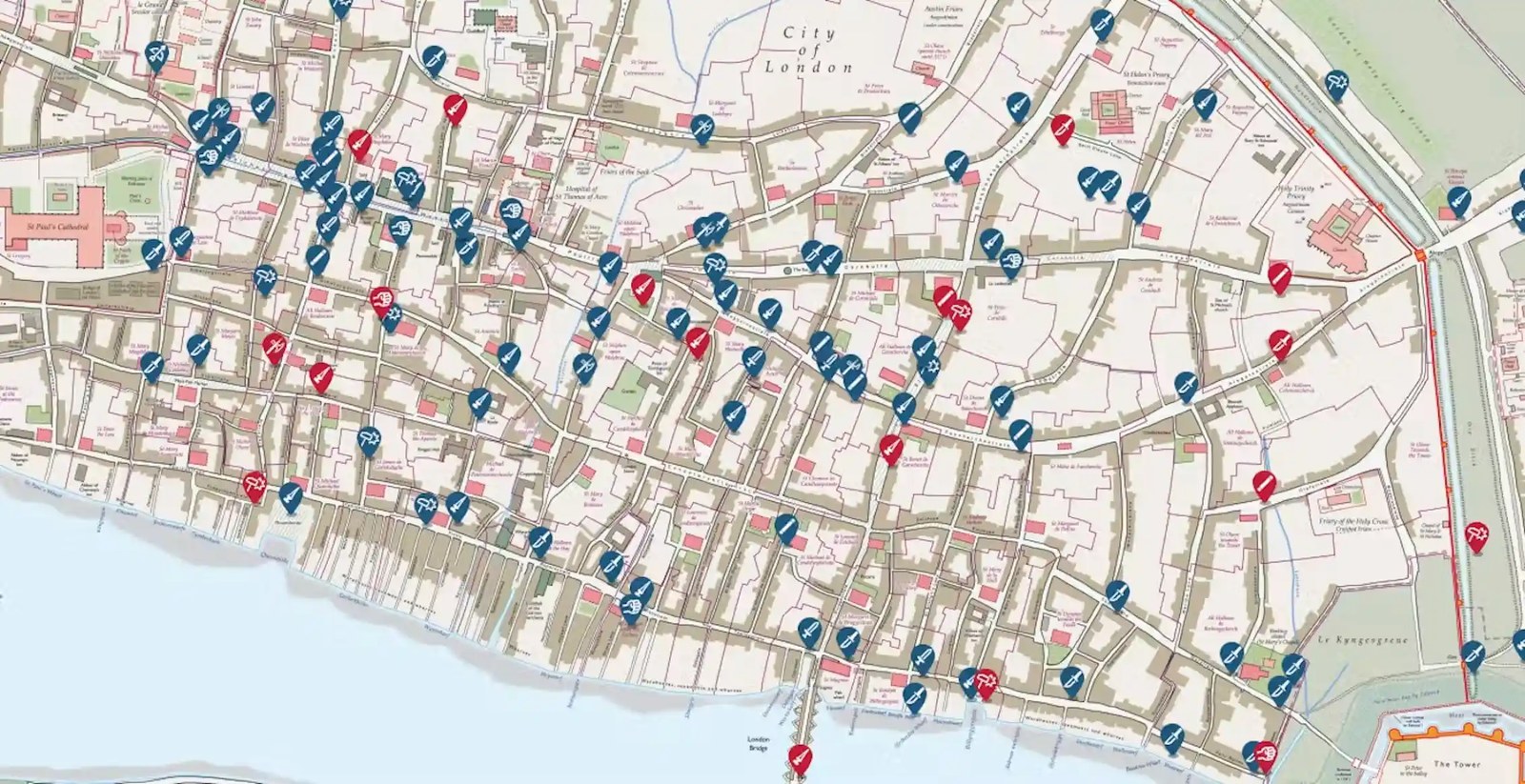 The London Medieval Murder Map with symbols showing the cause of death, from stabbing to fist fights.