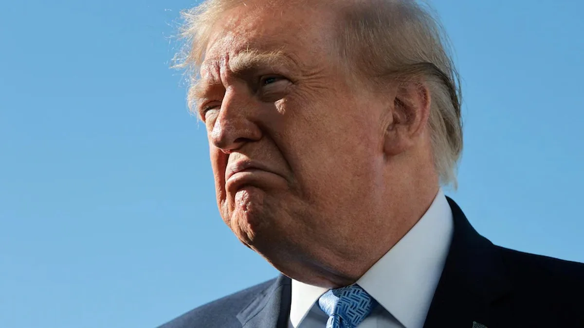 Donald Trump wearing a dark suit and blue tie, frowning while framed in front of a blue sky backdrop.