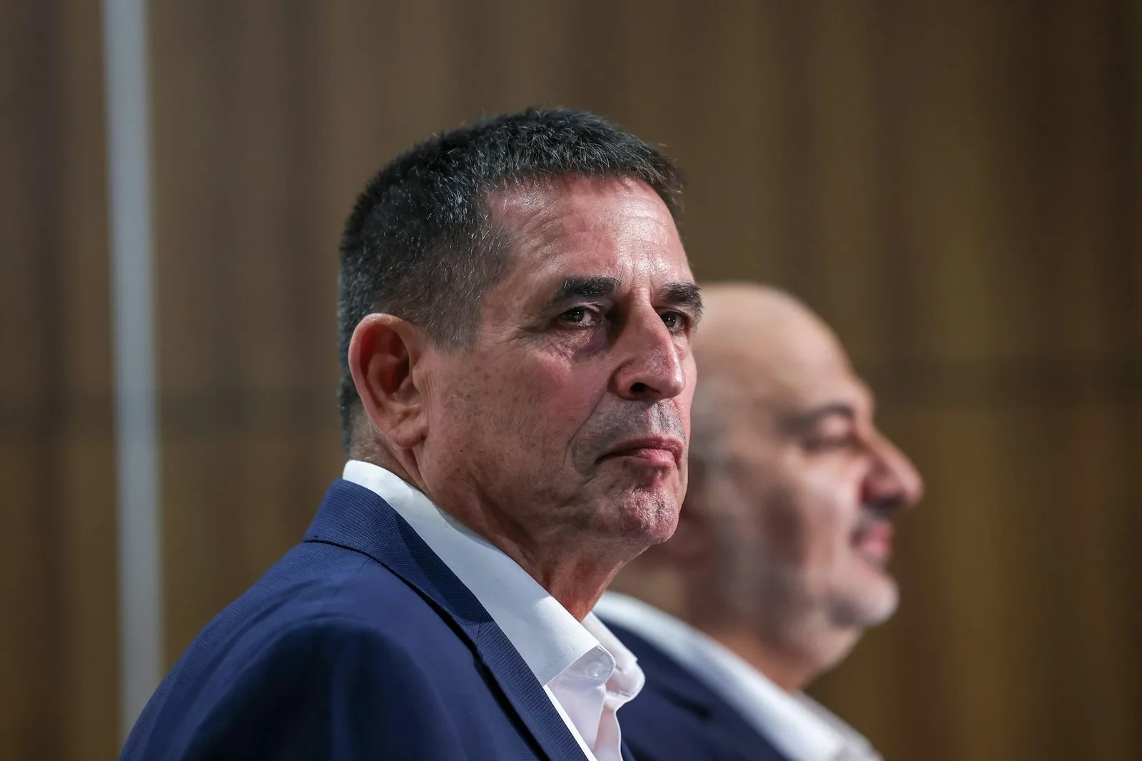 Mansour Abbas (right) and Yoav Segalovitz (left) speak during a press conference in Nazareth, Israel, in August 2026. Atef Safadi / EPA