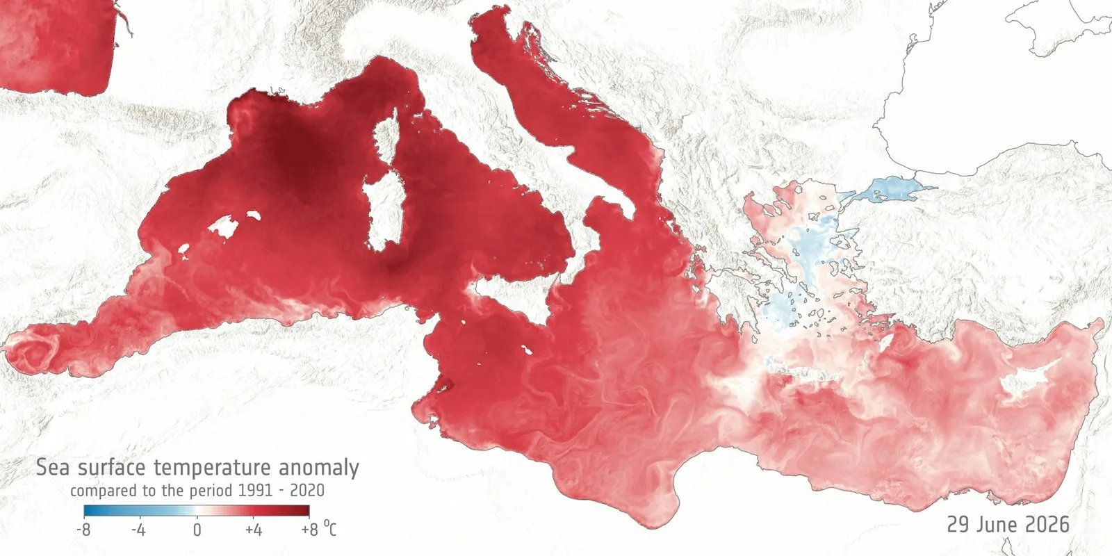 Surface temperature anomaly in the Mediterranean Sea on June 29, 2026, compared with the 1991–2020 average. Dark red indicates temperatures up to 8°C above average. ESA (data: CMEMS/ESA SST CCI), CC BY-NC-SA