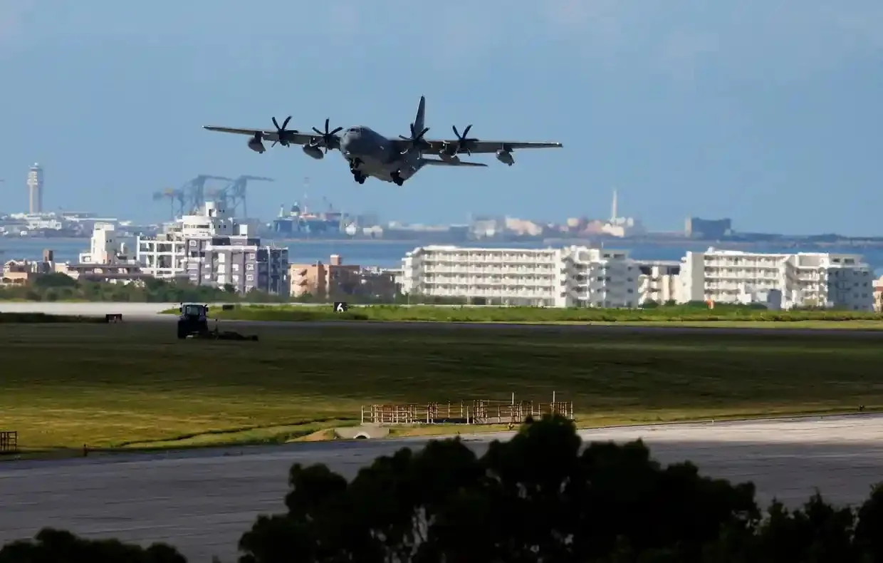 A US military plane takes off at Kadena air force base on Japan’s southern island of Okinawa