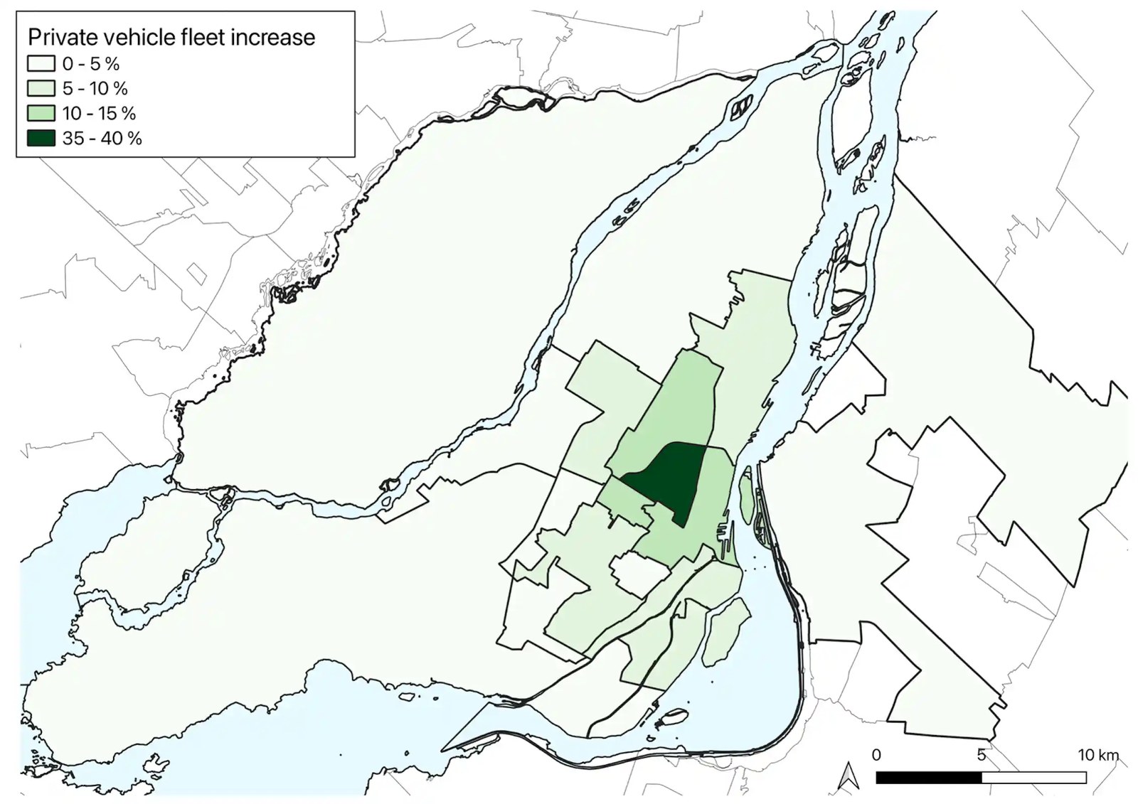 Map showing the areas of Montréal where people would be most likely to buy a car if Communauto were to disappear