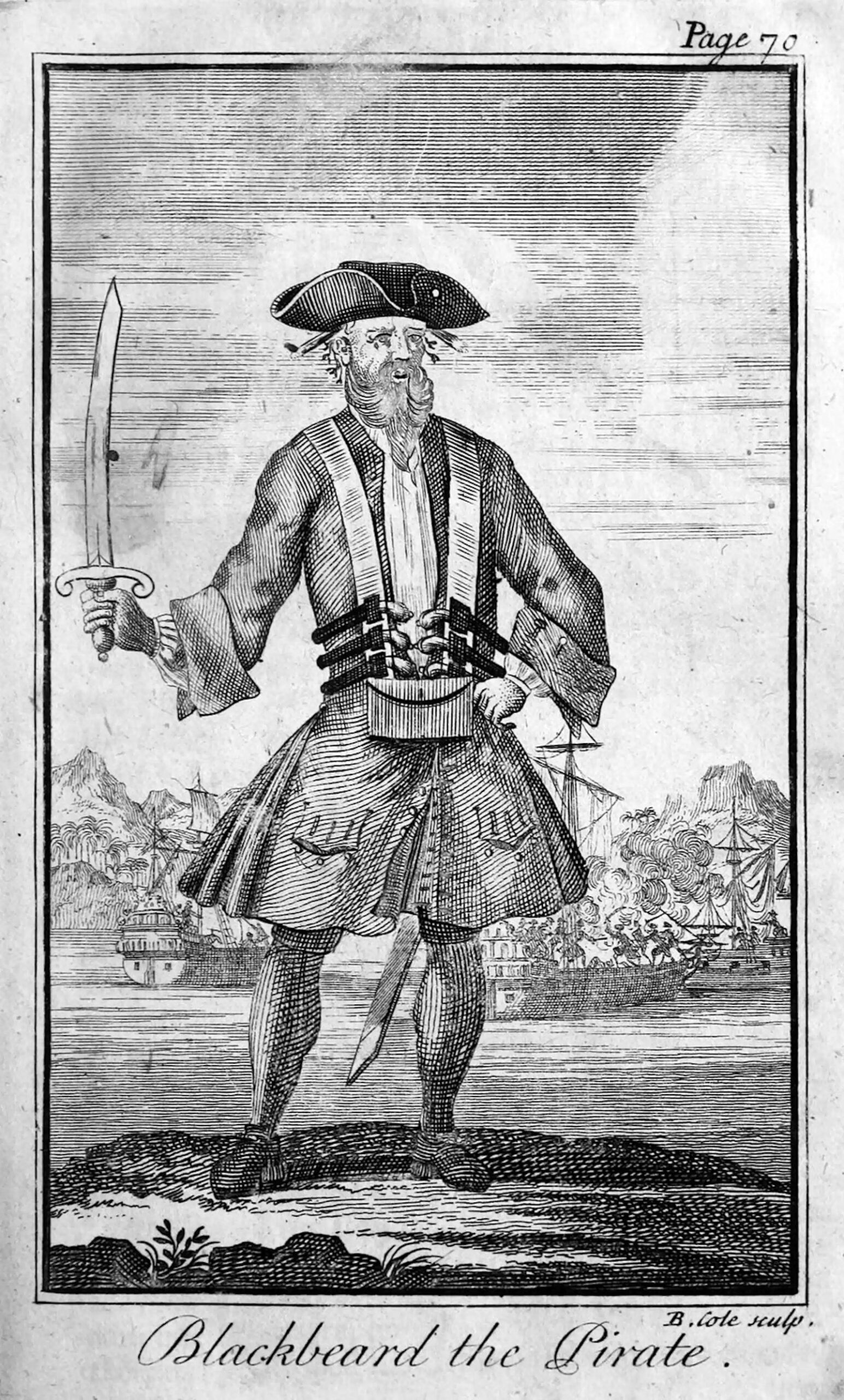 A black and white engraved, full-length portrait of 'Blackbeard the Pirate'