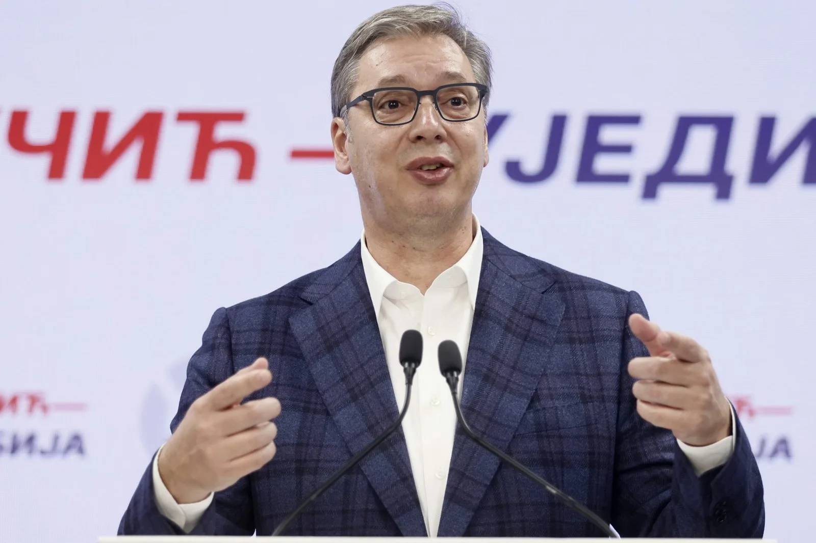 Aleksandar Vučić speaks during a press conference at the Serbian Progressive Party’s headquarters in Belgrade after conceding defeat in parliamentary elections. Marko Djokovic / EPA
