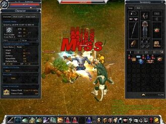 A low-leveled Force Blader using magic to fight monsters in Cabal Online. The character and inventory dialog screens are open.