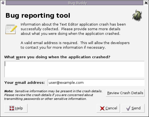 GNOME 2.16 işletim sisteminde çalışan Bug Buddy çökme raporlama aracı