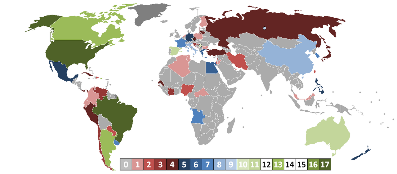 World map depicting the number of times a national team has participated in the World Cup as of 2014.