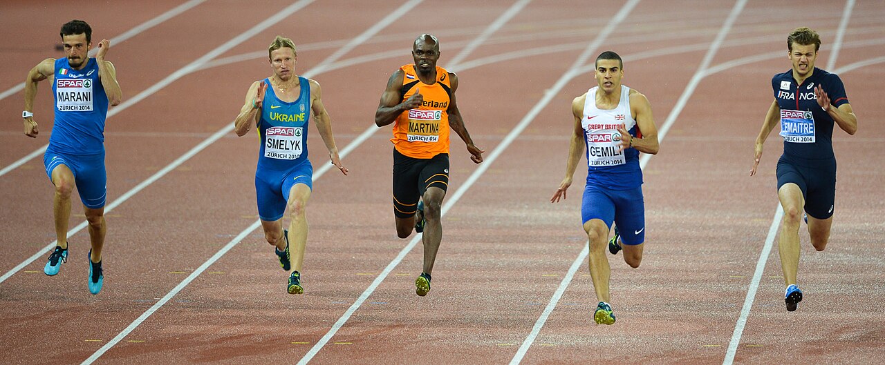 Gemili (second from the right) won his first and only senior major individual title with a 200 m victory at the 2014 European Athletics Championships in Zürich.