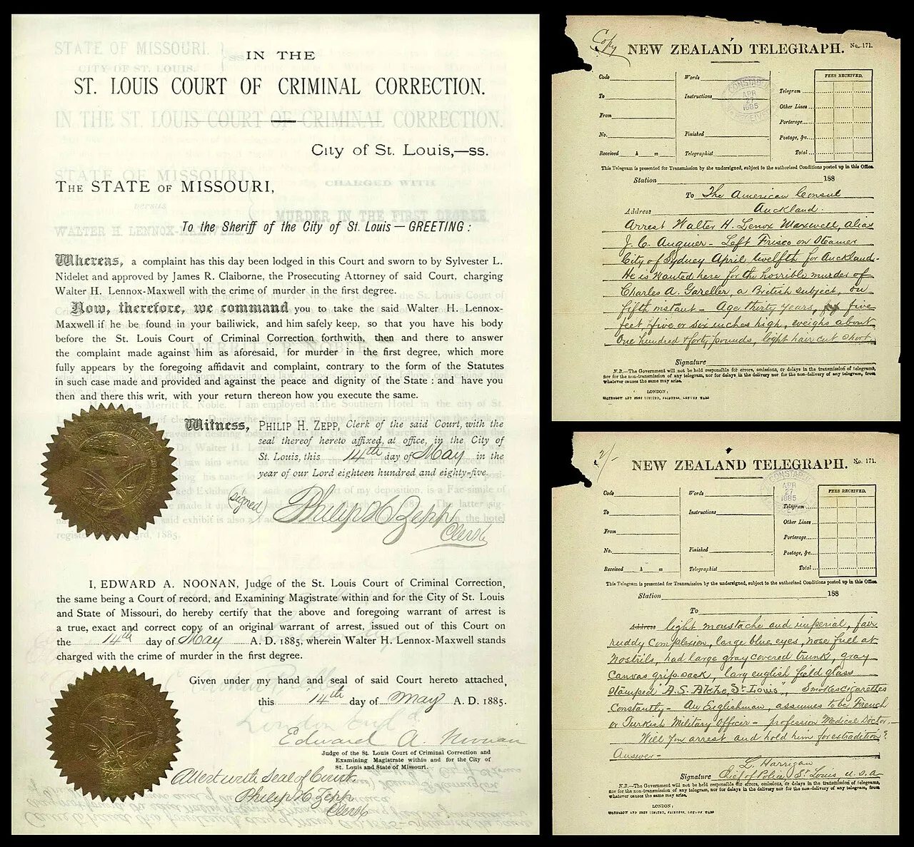 An extradition document from the St. Louis Police Department in the United States, requesting the extradition of a murder suspect suspected of fleeing to Auckland in New Zealand, 1885