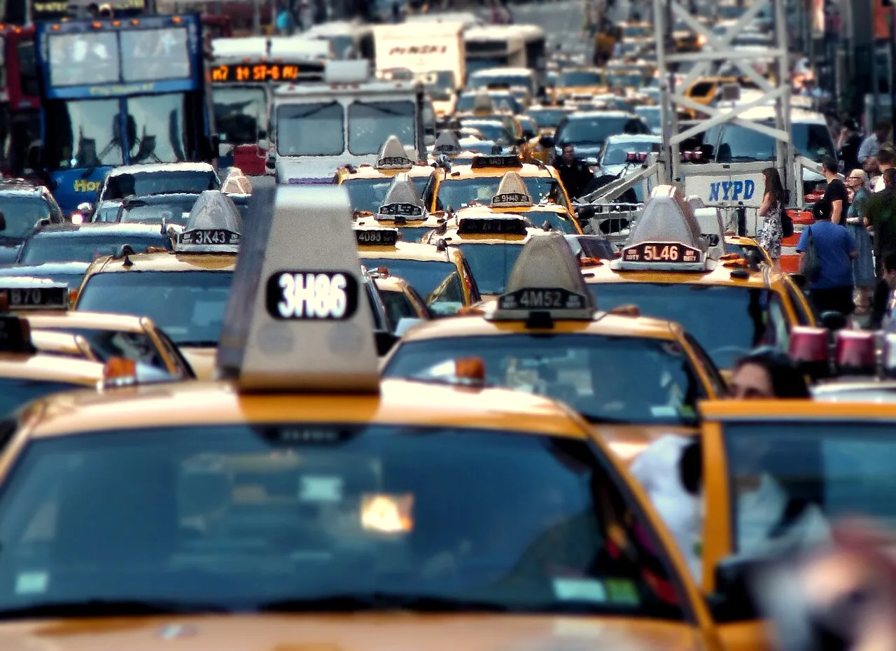 Congested Times Square in Midtown Manhattan, New York City, which leads the world in urban automobile traffic congestion,[1] but which has implemented congestion pricing in January 2025 to address the issue